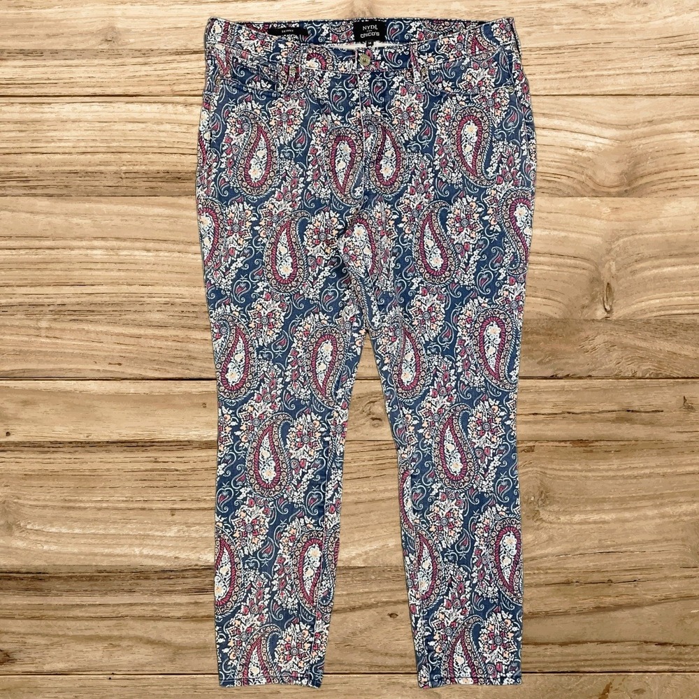 NYDJ for Chico's Size 14 Paisley Skinny Ankle Pants Blue Pink Lift Tuck Spring - Picture 3 of 11